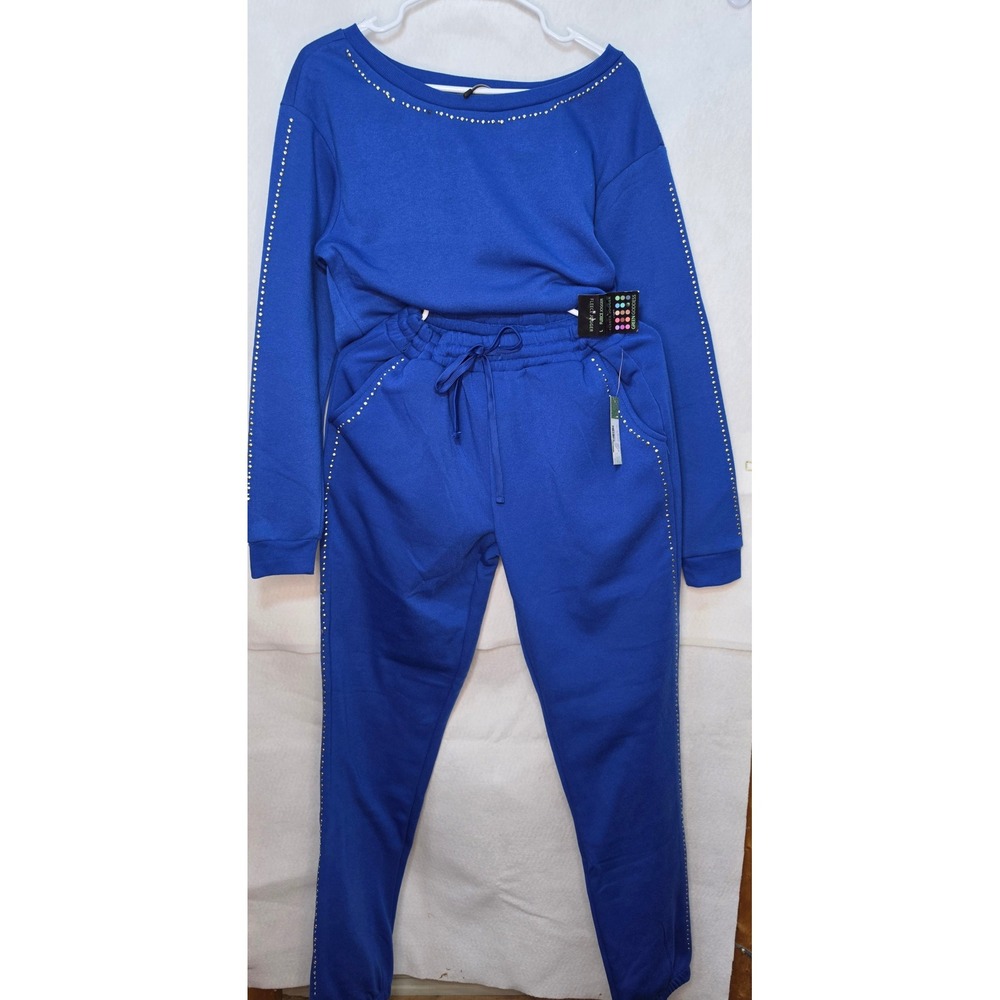 Green Goddess Royal Blue Rhinestone Fleece Jogger Set Sweatshirt Pants M/L NWT